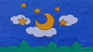 How To Draw simple Star Moon Clouds & Sky | Stars Moon Clouds step by step drawing