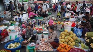 Cambodian Early Morning Vegetable Market - Daily Lifestyle of Vendor Selling Fruit, Vegetable & More