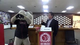 Brian Kenny and Southpaw at the grand opening of the New York State Baseball Hall of Fame Building
