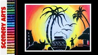 Daily Challenge #08 / Simple & easy PONGAL Festival Scenery with Oil pastel / Scenery Art