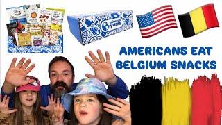 AMERICANS Eat Belgiun FOOD | Universal Yums subscription box | international food | Belgium Food 