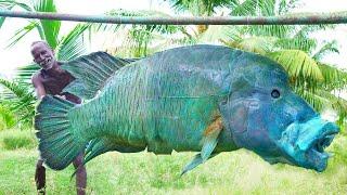 MONSTER PARROT FISH RECIPE | WORLD RARE COLOUR FISH | Cutting and Cooking Rare Fish |Village Grandpa