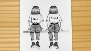 BFF Drawing - Two best friend girl drawing / easy drawing for beginners / Friendship day drawing/Art