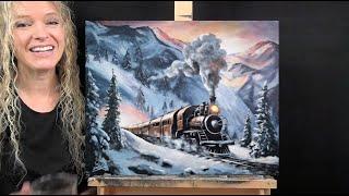 Learn How to Draw and Paint with Acrylics WINTER TRAIN-Easy Beginner Tutorial-Paint and Sip at Home