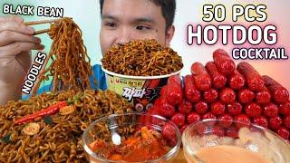 50PCS HOTDOG AND BLACK BEAN NOODLES CHAPAGURI MUKBANG | Collab W/ @JellysKitchen