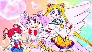 Eternal Sailor Moon, Super Sailor Chibi Moon and Sailor Chibi Chibi Moon in heart bubbles