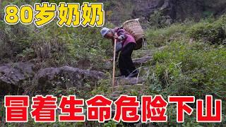 80岁老奶奶冒着生命危险从悬崖上背着菜下山，只为挣50元人民币，看哭了