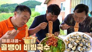 무더운날 야외에서 매콤새콤한 골뱅이 비빔면과 백고동에 막걸리 한 사발 했습니다^^