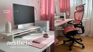 aesthetic desk makeover | £4000 cozy pink setup, new standing desk, gaming pc & monitor 