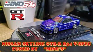 UNBOXING & REVIEW INNO64 NISSAN SKYLINE GT-R R34 V-SPEC TUNED BY MINE'S BLUE/BIRU