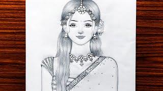 How to draw a Traditional girl with beautiful hairstyle | saree drawing | Girl drawing