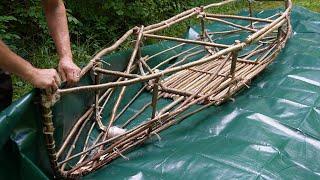 Making a survival CANOE with a pocket knife - Hazelnut, string, DIY store tarp