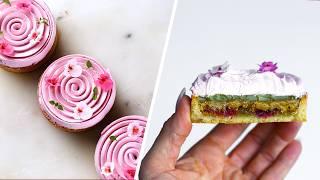 Tutorial: Pistachio Raspberry Tarts │ Praliné, Ganache, Meringue │ Spiral with manual turntable