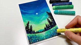 오일파스텔 초보, 반딧불이가 빛나는 밤하늘 풍경 그리기/ Drawing firefly-lit night sky with Oil pastel