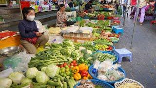 Cambodia Food Market Scene - Daily Lifestyle & Activities of Vendors Selling Food in Town Market