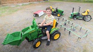 Using kids tractors to plow dirt and cut hay compilation | Tractors for kids