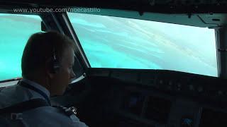 Hermosa vista de Cancún en la Cabina de Pilotos. Despegue en Airbus A320