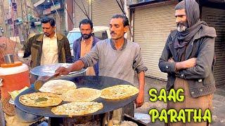 VILLAGE STYLE DESI BREAKFAST || DUKH SUKH SAAG ALOO PARATHA - PAKISTAN STREET FOOD