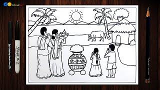 How to Draw Pongal Festival Drawing Competition for Beginners and School Students