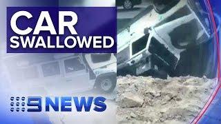 Terrifying moment Australian family’s 4x4 swallowed by collapsing road | Nine News Australia