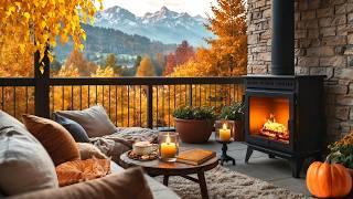 Cozy Autumn Terrace  Crackling Fireplace, Relaxing Birdsong, Falling Leaves & Fall Ambience