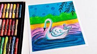 swan scenery drawing - how to draw scenery of swan swimming in water, sunset scenery drawing