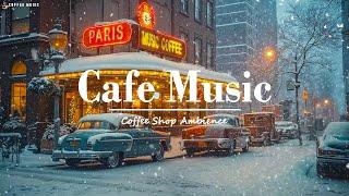 Snowy Christmas Evening at Paris Coffee ShopVintage Jazz Music, Cozy Lights & Winter Holiday