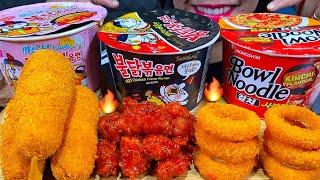 ASMR 3 KINDS OF NOODLES + SPICY FRIED CHICKEN, ONION RINGS, CORN DOGS MASSIVE Eating Sounds