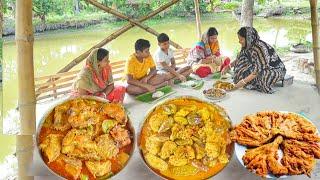 popi kitchen eating  golden fish curry, macher dim and kumro fuler bora, hot rice