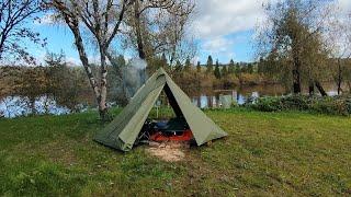 Longeek Hot Tent. Overnight solo camping by the Barrow River - Heavy Rain.