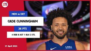 CADE CUNNINGHAM 36 PTS 4 REB 8 AST 1 BLK 2 STL | vs MEM 01 Apr 23-24 DET Player Highlights