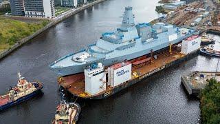 Second Type 26 Frigate, HMS Cardiff taken down the Clyde to be floated off