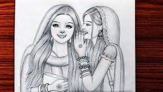 Best friends pencil sketch | bff drawing | friendship day drawing | traditional girl drawing easy