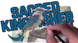 SACRED KINGFISHER |  Gouache, Affinity Photo, Grid Image, Draw, Mix Colours, Branch & Bird Detail