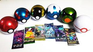 Opening a Pokemon card booster pack inside 6 types of Pokemon Pokeballs