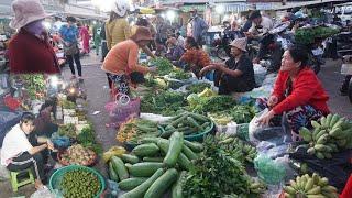 Early Morning Vegetable Market Scene - Early Morning Daily Lifestyle of Khmer People Buying Food