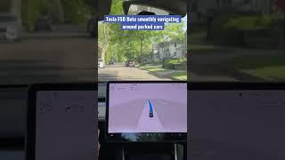 Tesla FSD Beta smoothly navigating around parked cars #fsdbeta #tesla
