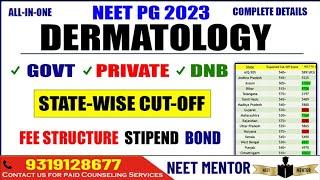 NEET PG 2023  Dermatology branch State wise Cut off for Govt DNB Private Open State Stipend Bond