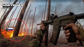 Trench warfare. First Person Shooter.  Azov Brigade storm Russian trenches. Serebryansky Forest