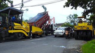 Asphalt Paving Road Construction Work With Paver Tandem Roller And Trucks