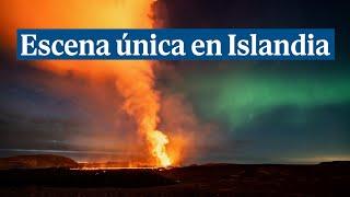 Las auroras boreales y la erupción de un volcán dejan esta escena única en Islandia