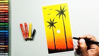 Day-9 || Beautiful Sunrise Painting Using Vermillion Colour || Drawing Easy || Oil Pastel Drawing