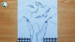 how to draw birds got freedom from the cage || flying birds free from cage drawing