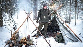 3 Tage Winter-Solo-Bushcraft-Reise -20°C - Lavvu-Zelt & Rentierfelle - Rinderhaxe in Flammen