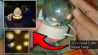 3D Crystal Cube Moon Lamp - Engraved Crystal Ball Night Light with USB LED Wooden Base #unboxing