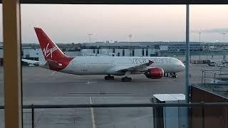 Virgin's Beautiful Boeing 787-9 aircraft G-VNYL (VINYL) "Penny Lane" sunset pushback London Heathrow