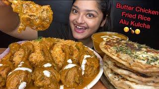 BUTTER CHICKEN  WITH SCHEZWAN FRIED RICE AND BUTTER ALOO KULCHA | BIG BITES | FOOD EATING VIDEOS