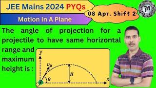 The angle of projection for a projectile to have same horizontal range and maximum height is... JEE