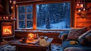 Peaceful Sleep with Piano Music, Fireplace Sounds, and Cozy Winter Ambience with Snowstorm and Wind