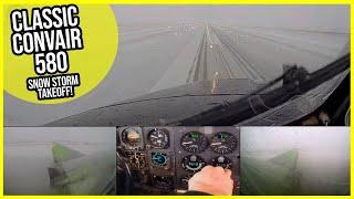 Classic Convair 580, Clock-Shop-Instruments and a solid Snow Storm Takeoff! [AirClips]